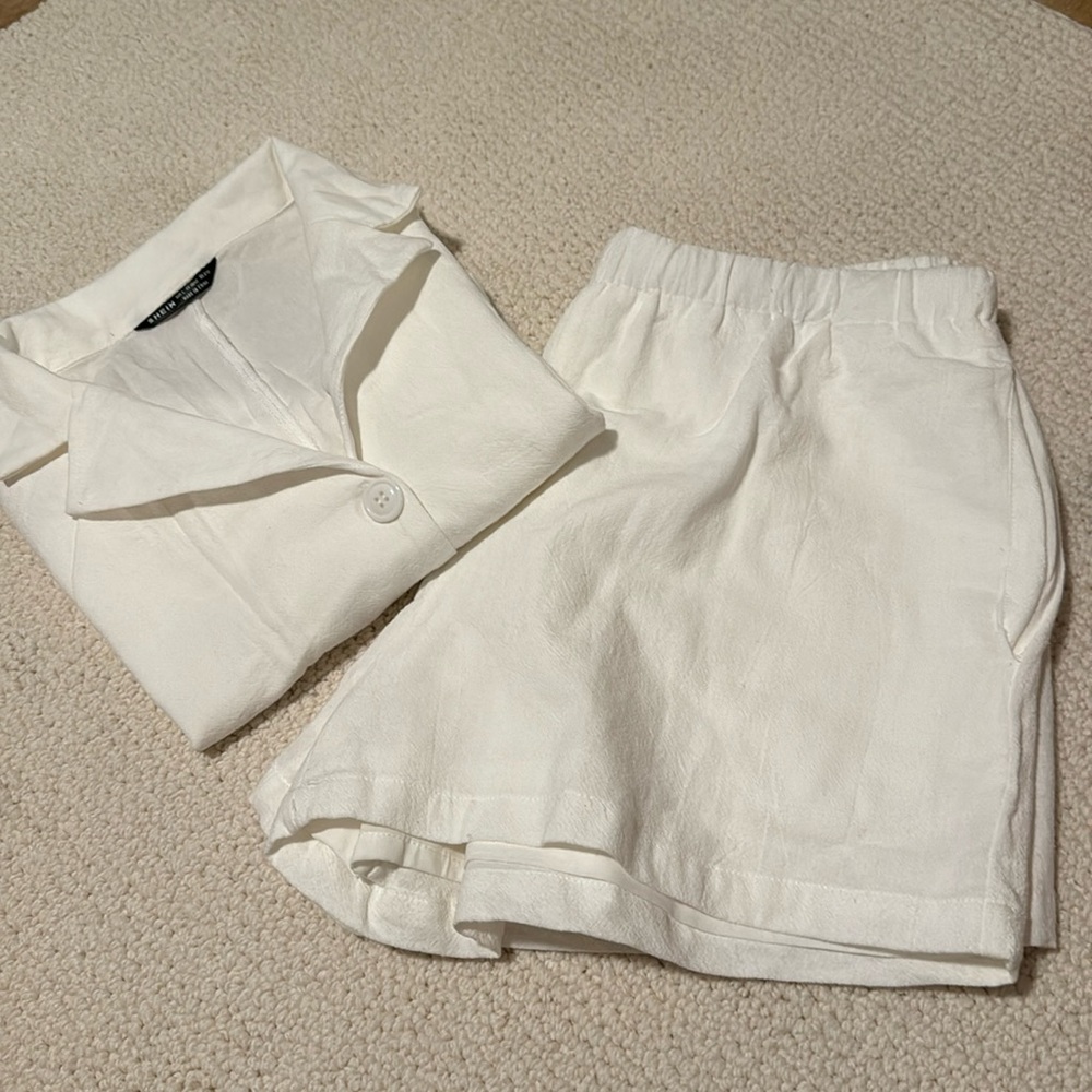 Two piece set white linen shorts and cropped button down shirt